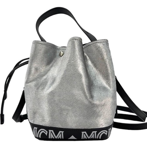 MCM Metallic Calfskin Studded Bucket Bag Silver Black - Picture 1 of 11
